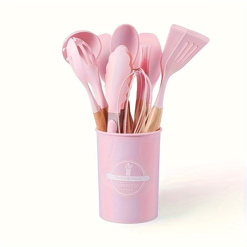 Get the ultimate kitchenware kit with high-quality silicone and wooden handle utensils, including a non-stick spatula, spoon, blender, and storage containers. Ideal for all your baking and cooking needs, this set is perfect for any holiday including