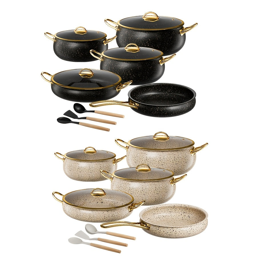 This stainless steel cookware set includes 12 pieces, featuring a triple-layer high-temperature resistant non-stick coating. The set also has golden-plated handles and heat-resistant silicone wood utensils. It is easy to clean, ensures even heat