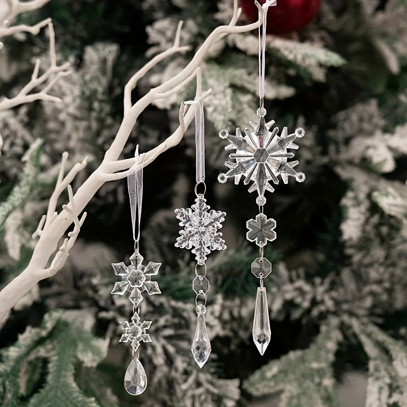 Set of 20 modern acrylic snowflake and icicle ornaments for Christmas tree decoration, perfect for holiday and winter festivities. Festive hanging charms without feathers.