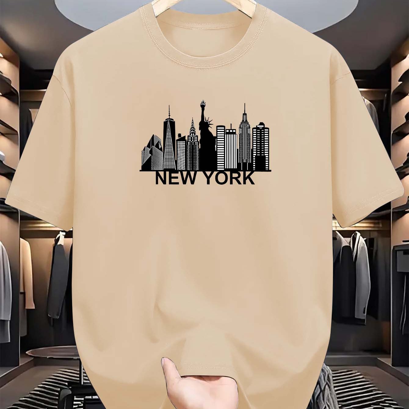 Men's light blue New York City skyline graphic t-shirt for everyday comfort. Casual polyester tee with short sleeves, round neck, and machine washable. Summer fashion essential.