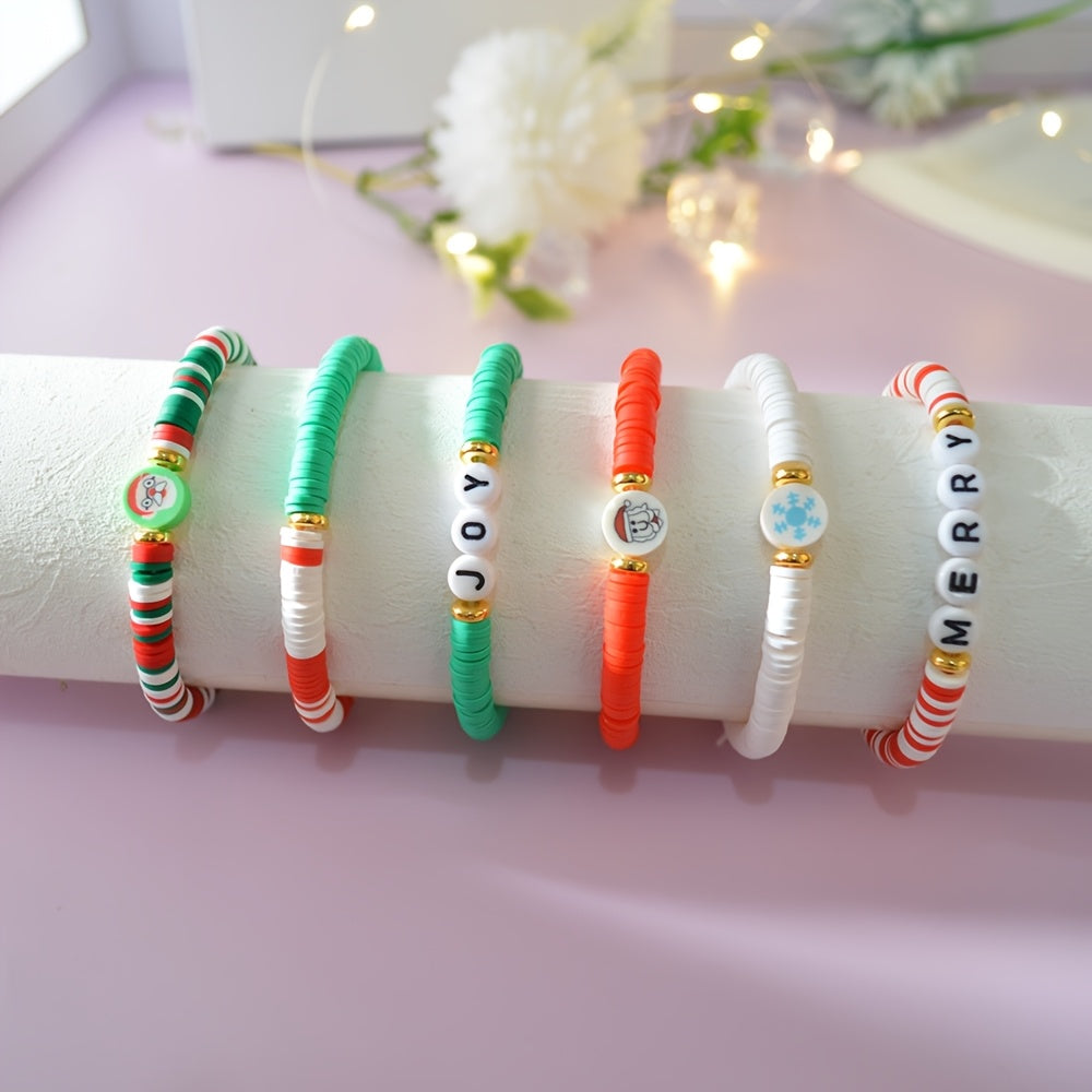 Get ready for the holiday season with this festive Christmas Charm Bracelet Set! Each set includes 10pcs of adjustable bracelets made with elastic polymer clay beads featuring Santa, snowflake, and tree designs. These bracelets are perfect for holiday