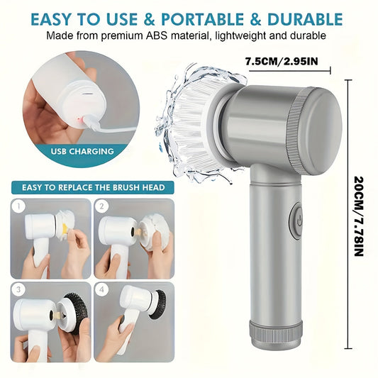 A collection of electric rotating scrubbers that includes 5 interchangeable brush heads, a cordless electric cleaning brush, and a handheld rechargeable shower scrubber. Ideal for use in bathrooms, kitchens, bathtubs, tiles, showers, and various cleaning