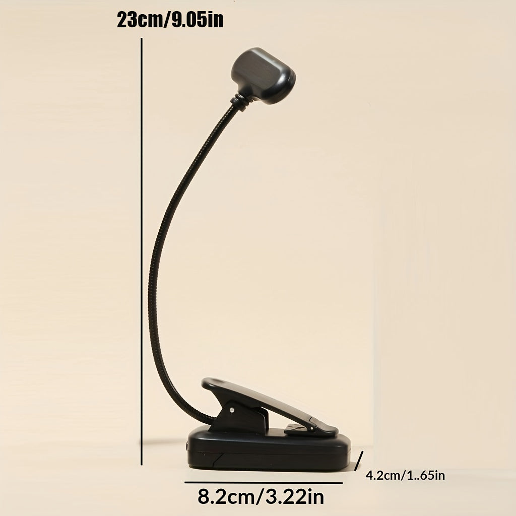 1 portable clip reading lamp with adjustable arm for night reading, desk or desktop use. Battery operated for reading at home.