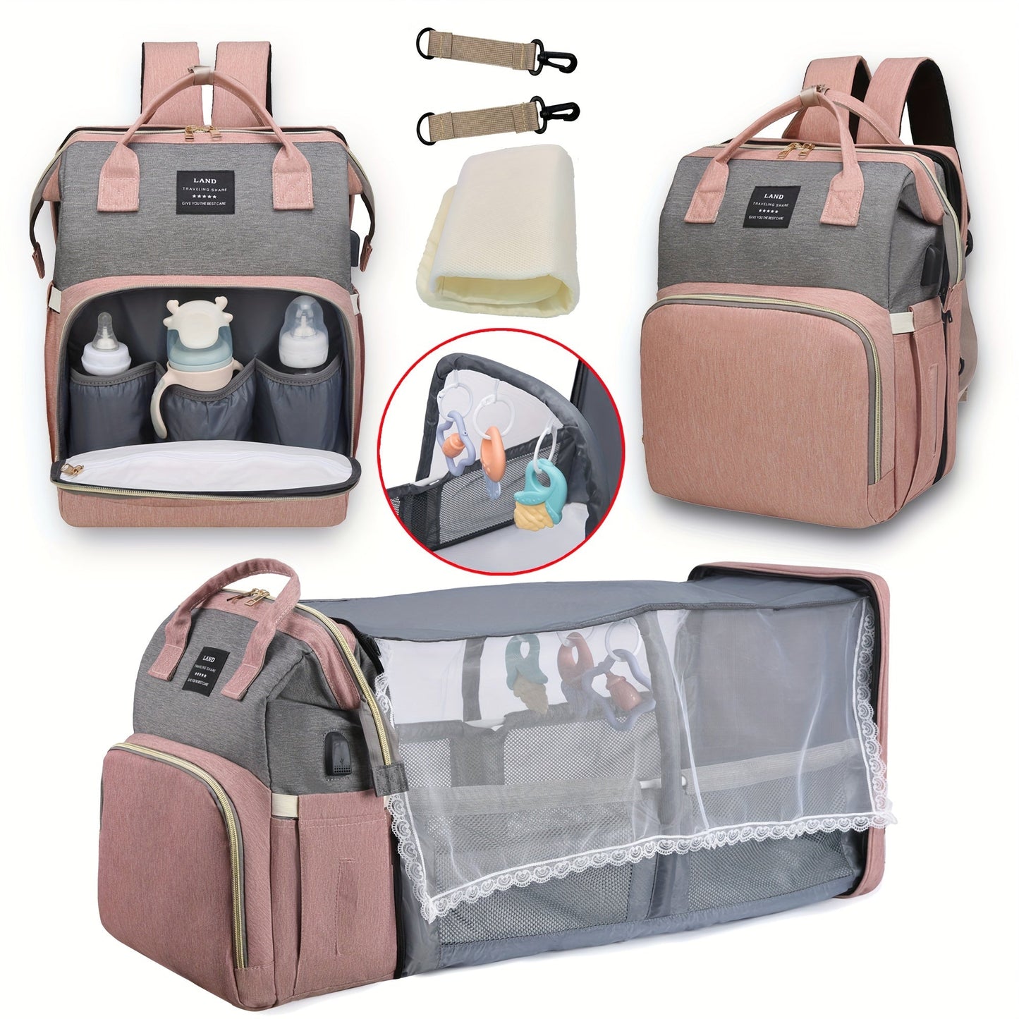 A versatile diaper backpack featuring a built-in changing station and plenty of storage pockets. Made from soft polyester material, this portable travel baby bag organizer is a must-have for any new parent. With its large capacity and utility pockets