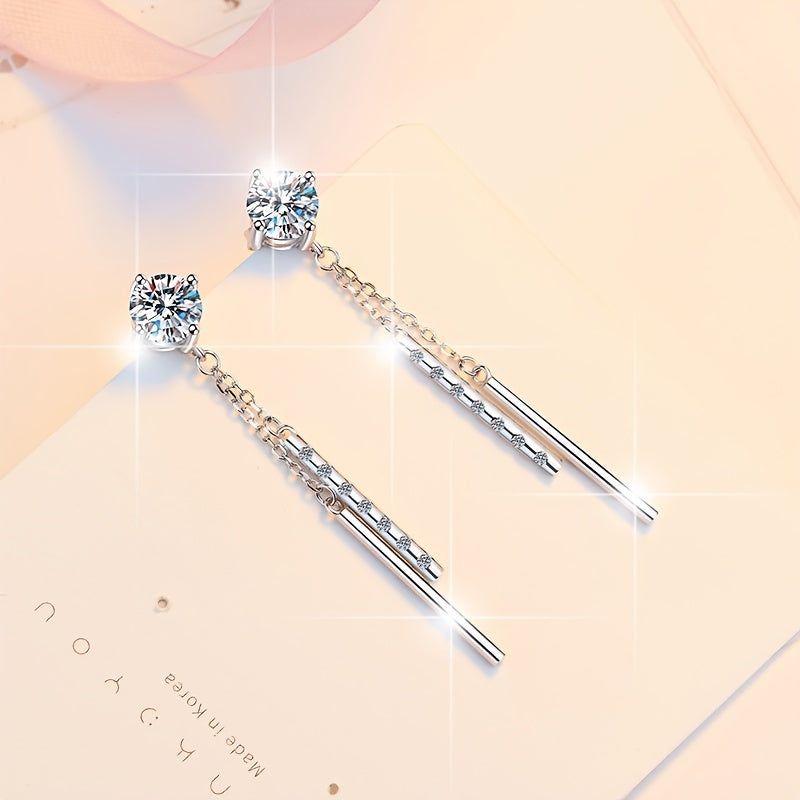 Women's tassel earrings with long ear wire, featuring 1ct*2pcs moissanite stones, made of 925 sterling silver. These stylish Japanese and Korean inspired earrings are perfect for Valentine's Day or Mother's Day gifting.