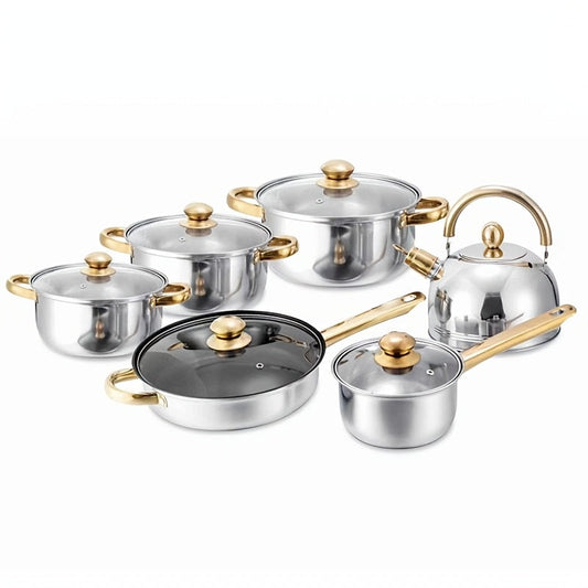 Stainless Steel Cookware Set with Bakelite Handles, Non-Stick Pots, Pans, and Kettle - 12 Piece Set with Induction Compatibility and Glass Lid for Essential Kitchen Tools