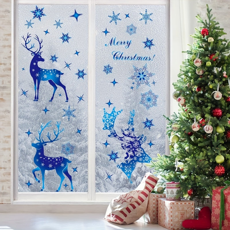 Christmas window decorations set including 5 pieces of window adsorption Christmas deer and snowflake stickers. Blue removable window decals perfect for Christmas party decoration.