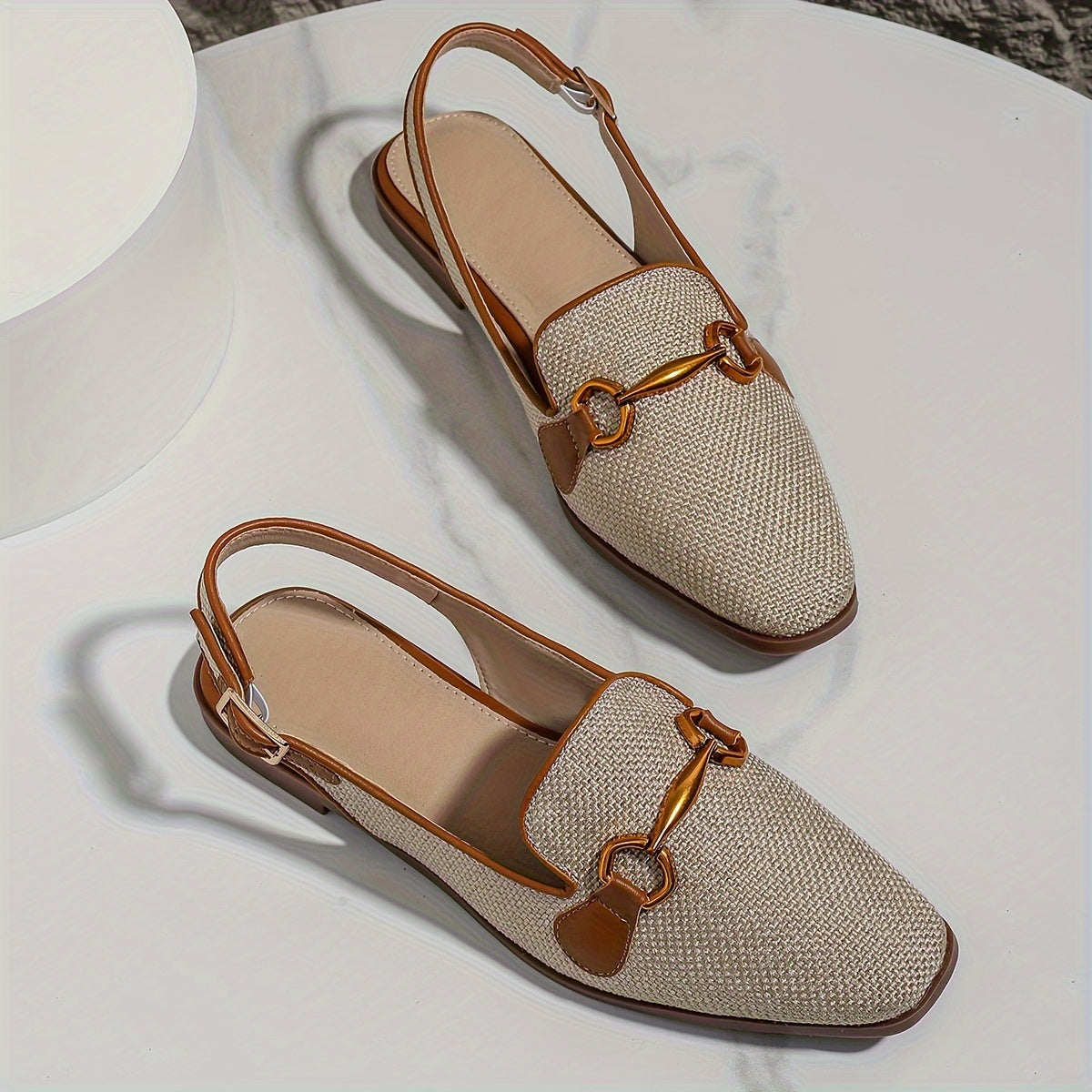 Brown Linen Square Toe Summer Sandals for Women with Metal Buckle