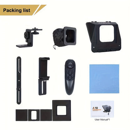 Portable Teleprompter Kit with Smartphone Holder and Remote Control - Compatible with DSLR cameras, live streaming, interviews, stage presentations, and speeches. Lens adapter-friendly