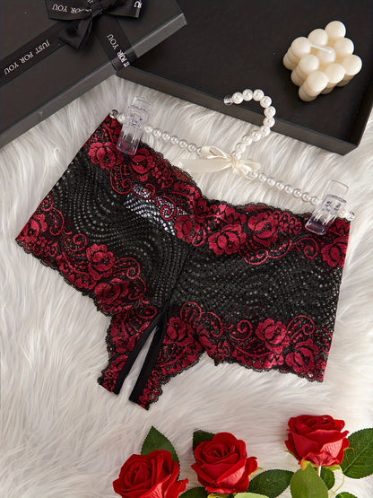 Floral lace panties with open crotch, mid-rise, and semi-sheer design, perfect for sexy lingerie.