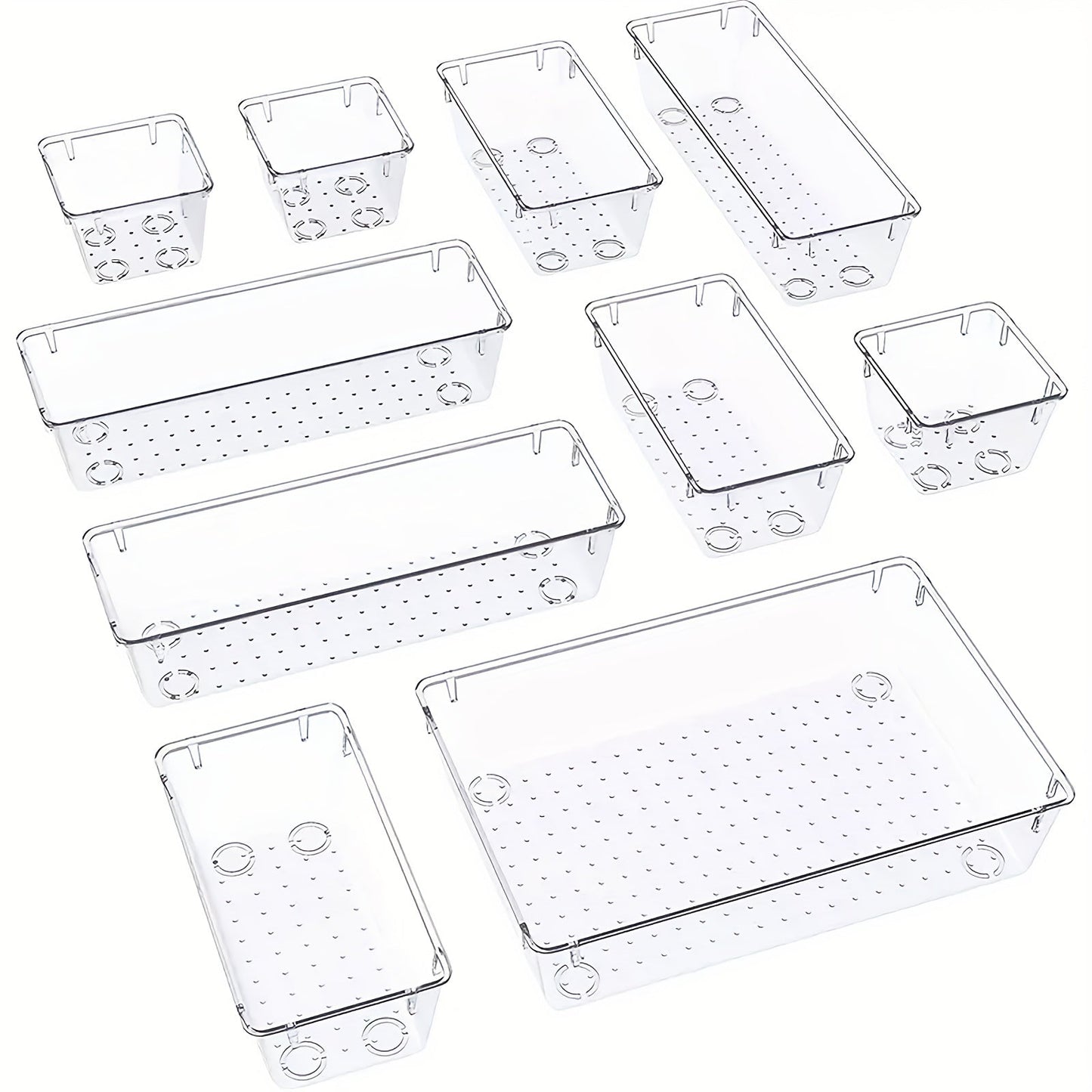 Набор из 10 премиум прозрачных пластиковых органайзеров для ящиков - включает 4 разных размера - идеально подходит для организации косметики, офисных принадлежностей, предметов ванной и кухонных гаджетов - стильное и практичное решение для хранения