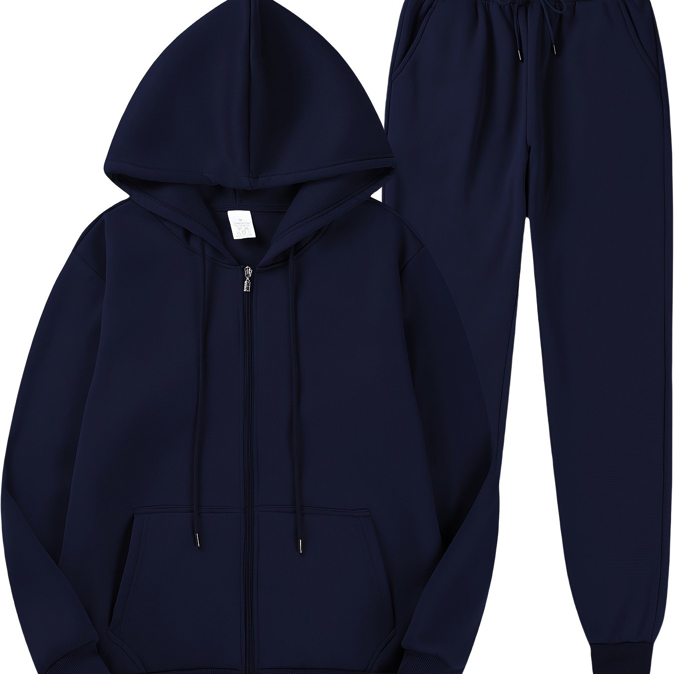 Men's casual fleece hoodie and sweatpants set made of 100% polyester. Includes a long sleeve zip-up hooded sweatshirt with kangaroo pocket, regular fit, knit fabric, solid color. Ideal for