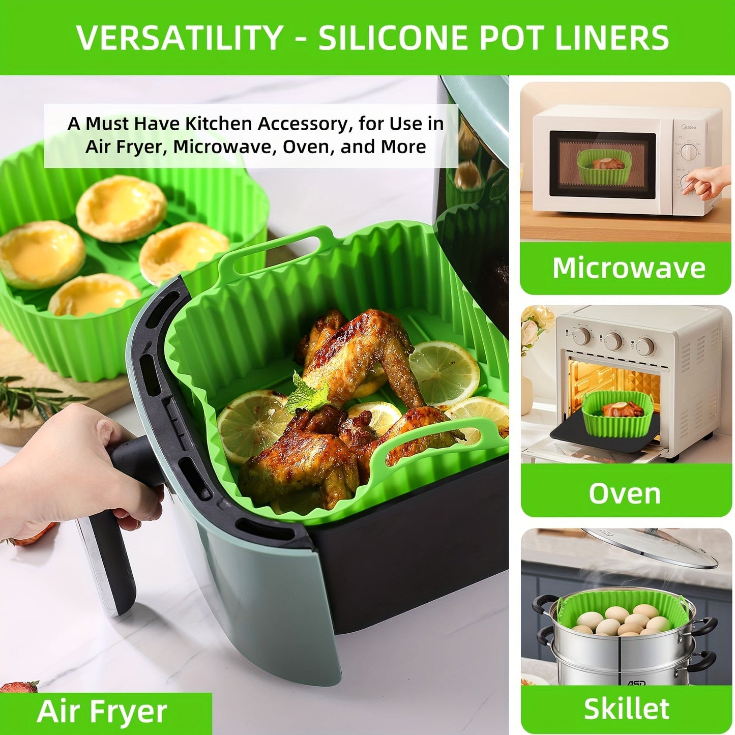 Silicone Air Fryer Liner in 5pcs set, each measuring 19.0cm. Also includes Square Air Fryer Liners Pot and BPA-Free Silicone Basket Bowl. These reusable Baking Tray liners are Dishwasher Safe and make for convenient Oven Accessories. Essential Baking