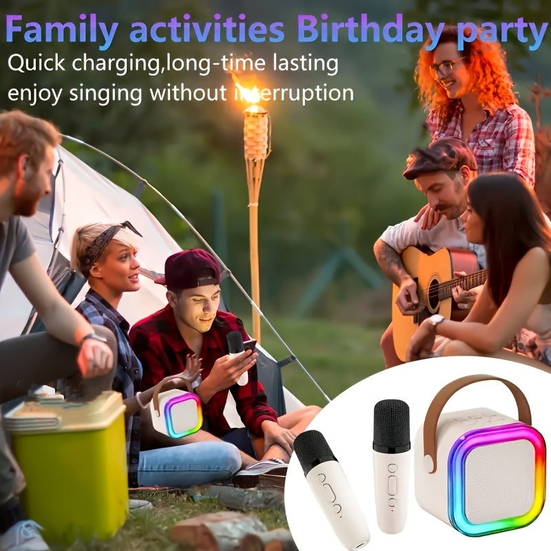 Portable karaoke machine with 2 microphones and RGB lights. Perfect for family gatherings and birthdays.