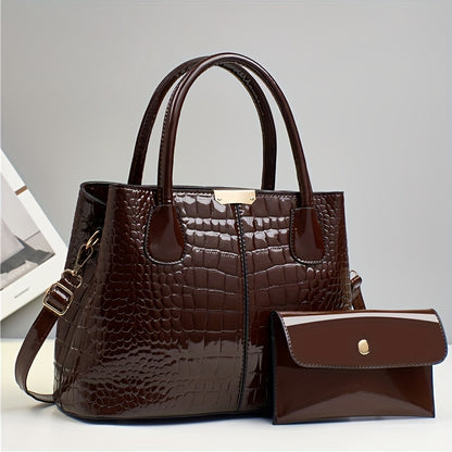 A glossy crocodile pattern handbag perfect for Mother's Day, Easter gatherings, and elegant commuting, with a large capacity and simple design.