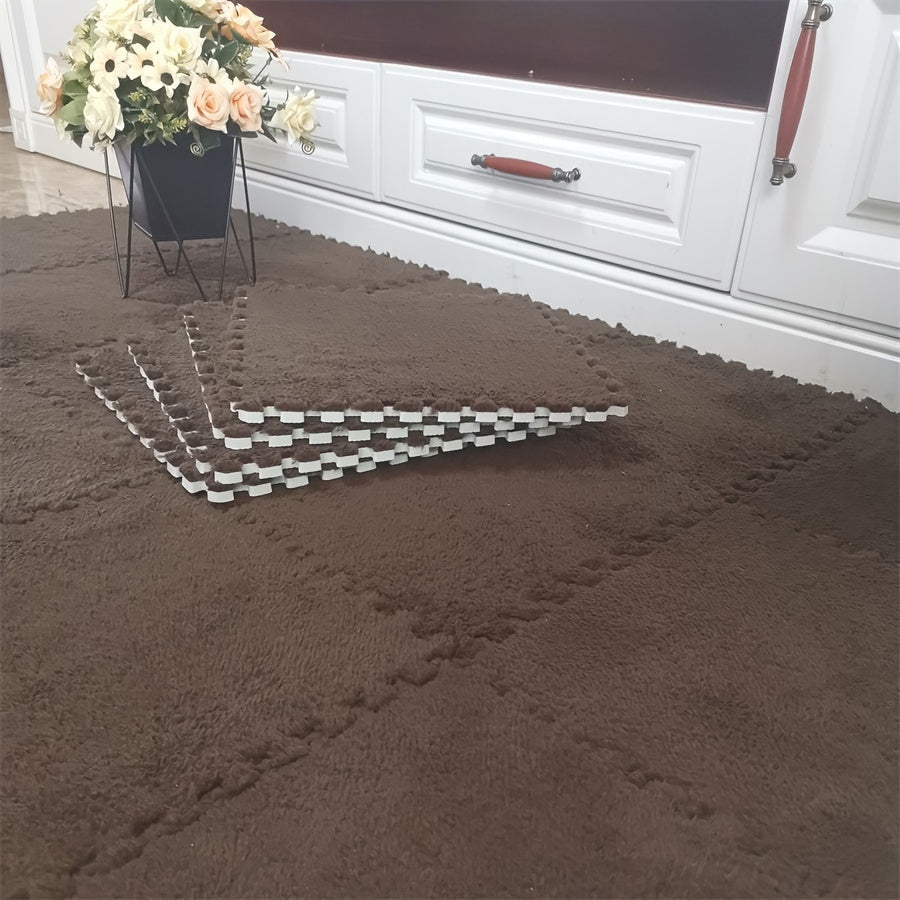 12 Piece Set of Interlocking Carpet Tiles for Bedroom and Living Room, Full Coverage, Thick and Warm Bedside Rug, Soft Non-Slip Mats, 29.97x29.97 cm, Washable, Made of Polyester and EVA Material, Machine-Made, Hand-Wash Recommended