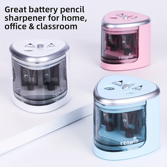 Battery-driven double-hole electric pencil sharpener with sharp blade for thick and thin pencils. Semi-automatic operation. Battery not included.