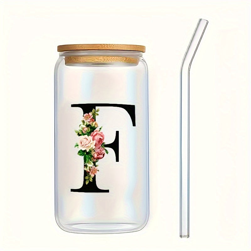 Alphabet flowers drinking glass with bamboo lid and straw, ideal birthday gift for women, friends, girls. 16 oz coffee glass, perfect for moms.