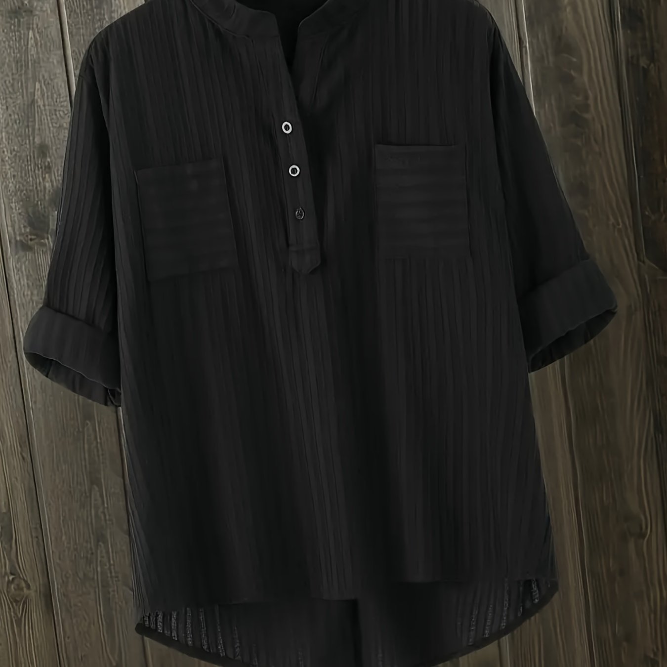 Casual black linen blouse for women - loose fit with textured collar and button detail, long sleeve, machine washable.