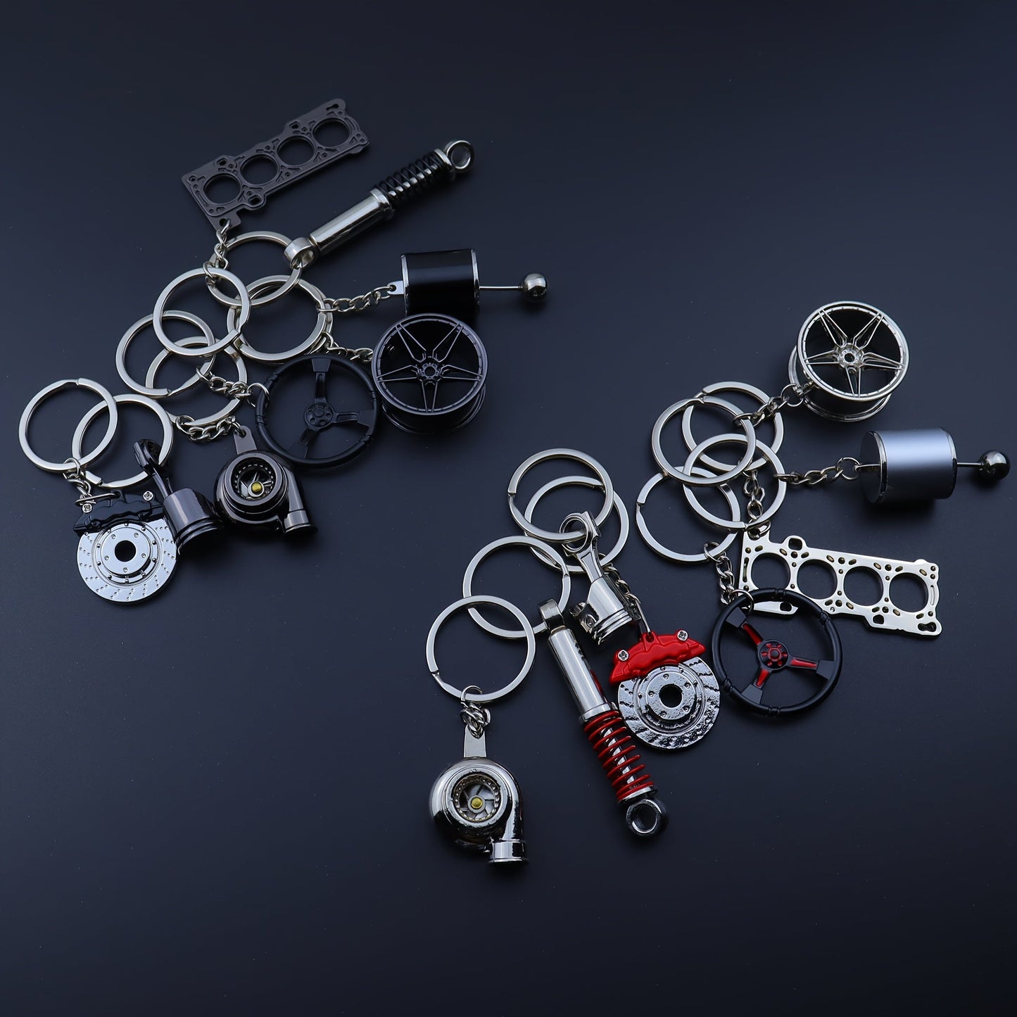 Car Enthusiast Keychain Set - 8 Pieces of Sleek Black Zinc Alloy Keychains, Showcasing Engine Components and More - Ideal Gift for Men