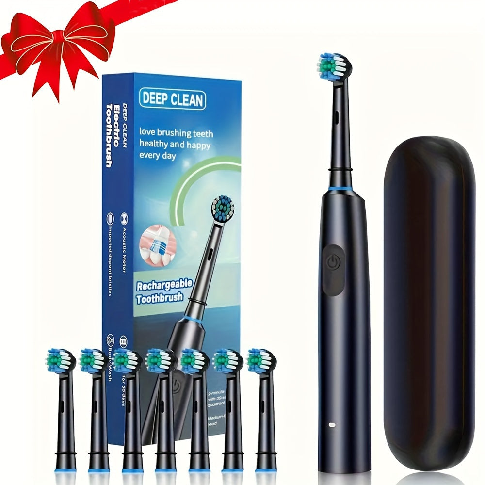 1 Round Rotating Electric Toothbrush with 8 Brush Heads, Travel Case, UCB-C Charging, 5 Modes, Super Fast Cleaning Mode - Perfect for Home and Travel, Ideal Gift