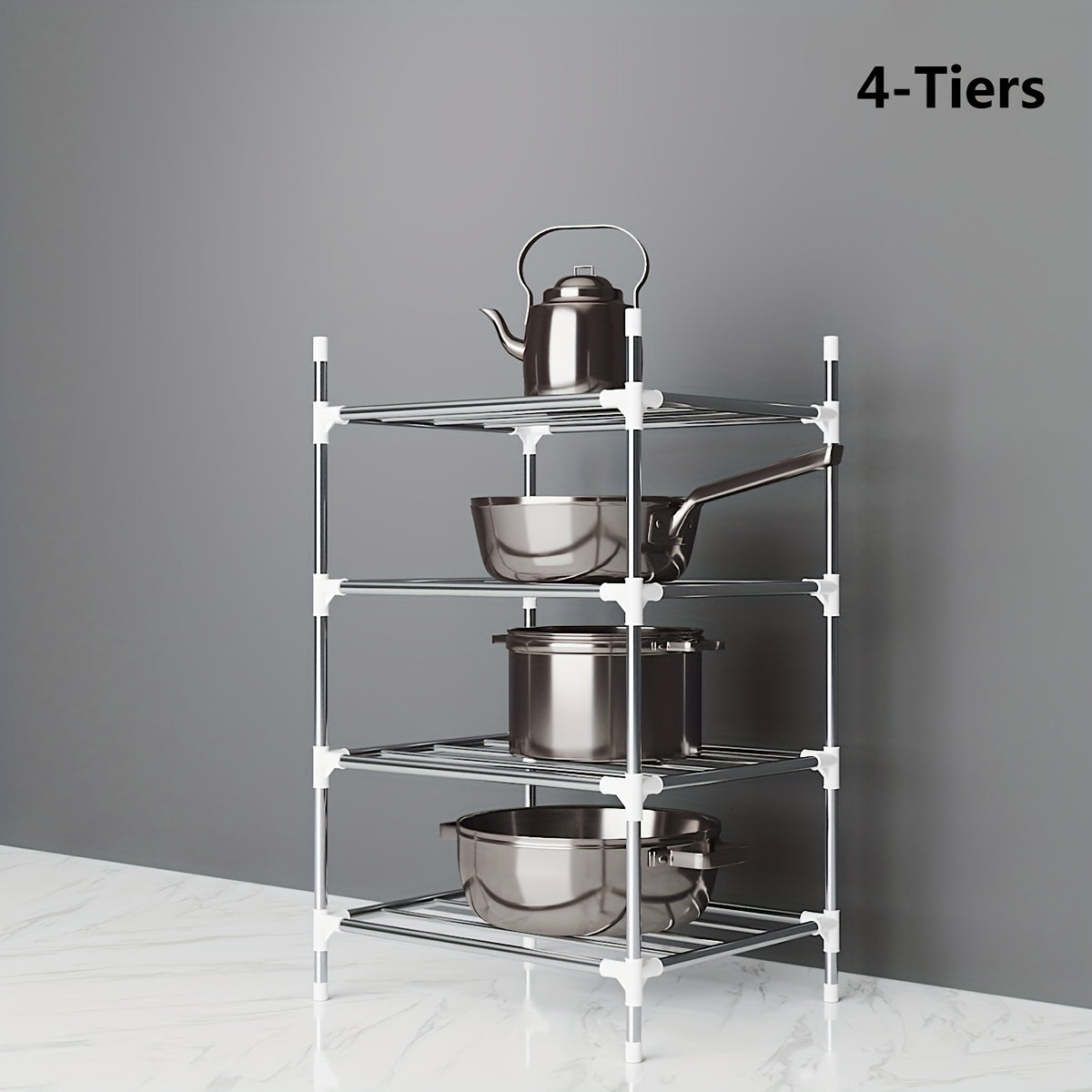 Multi-tier stainless steel storage shelf, ideal for organizing kitchen, bathroom, balcony, and rest room. Perfect for storing cookware, tableware, oven, microwave oven, and basin.