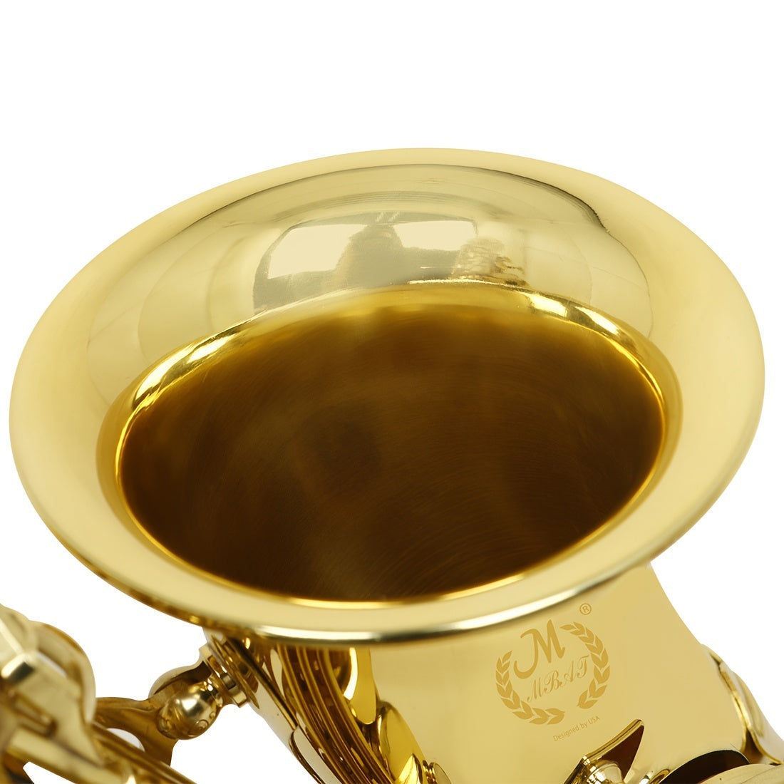 Professional MBAT Alto Saxophone in E Flat with brass body, engraved Keystone pattern, white shell key, and golden finish - includes MBAT case and accessories.