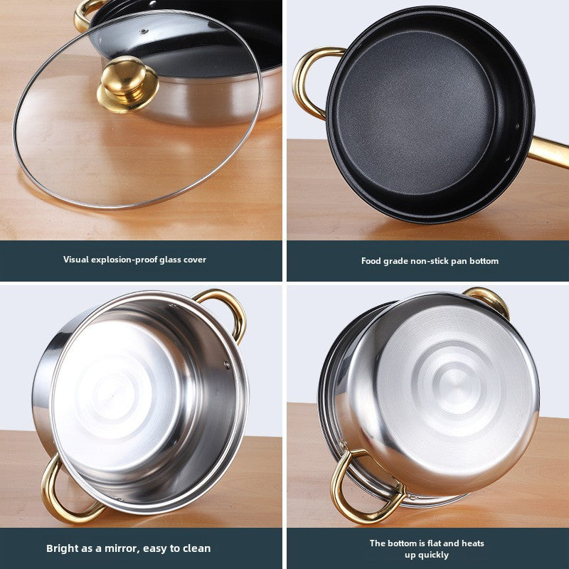 This cookware set includes 4/6 durable stainless steel pieces with golden handles. The versatile collection features pots and pans, including a stock pot and milk pot. Compatible with a variety of stovetops.