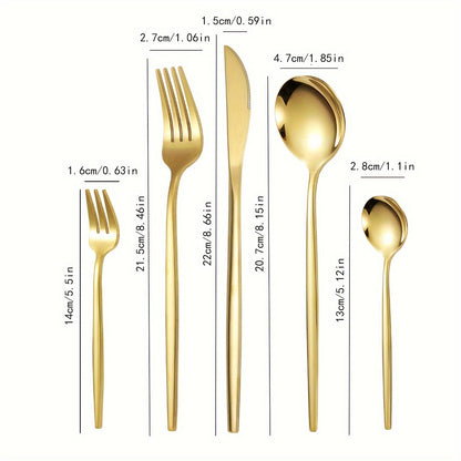 Stainless steel flatware set with a golden finish and elegant modern design for home, kitchen, restaurant, and wedding use.