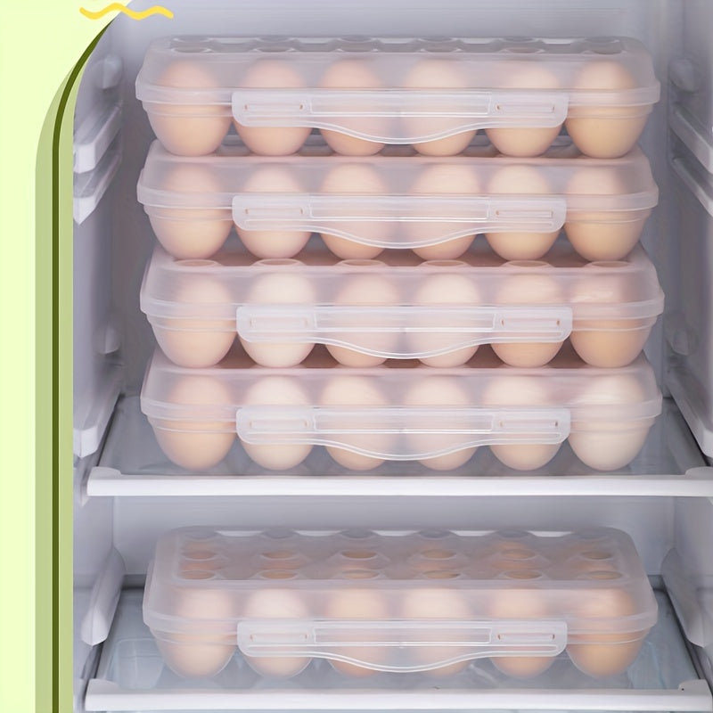 Transparent plastic stackable egg storage container with lid, capable of holding 12/18 eggs. Shockproof and freezer-safe, this space-saving kitchen organizer is perfect for keeping your eggs fresh and organized in the refrigerator.