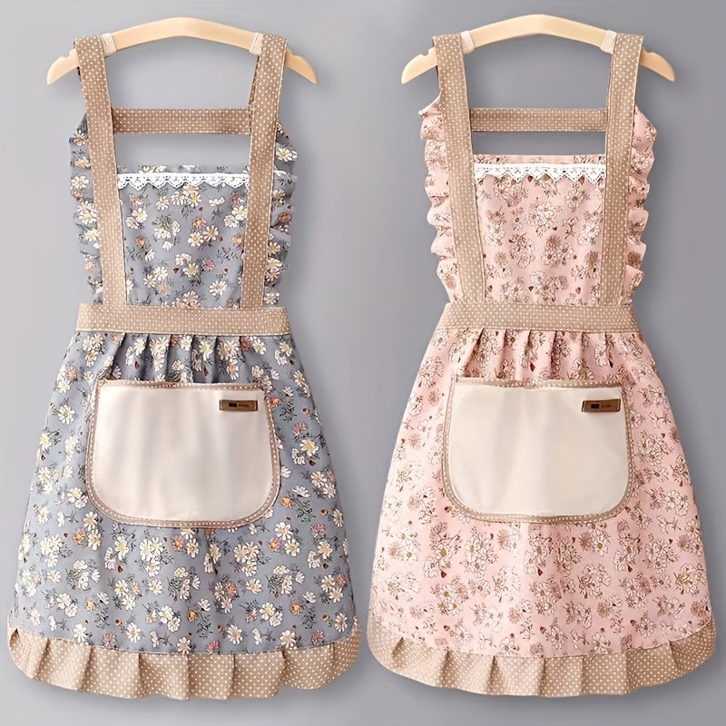 1pc Floral Lace Princess Apron with Hand Wipe Pocket - Ideal for Cleaning in Kitchen, Living Room, Bathroom