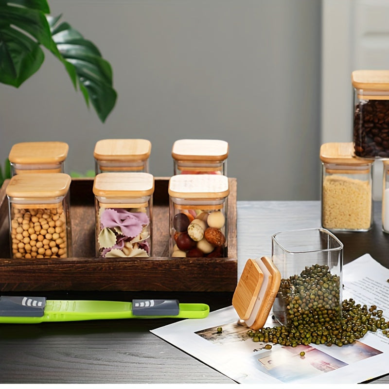 10-Piece Square Glass Spice Jars Set with Measuring Spoon and Airtight Bamboo Lids for Dining and Cookingpurposes.