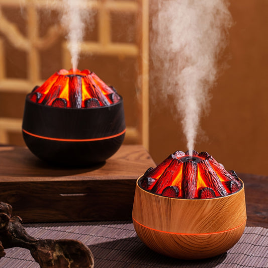 Mini wooden fireplace humidifier, USB powered, quiet operation, suitable for various rooms and spaces, cold mist, plastic material, 36V or less.