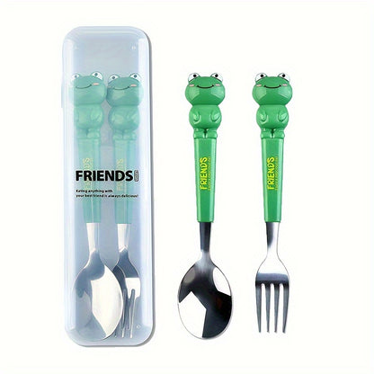 A set of 2 stainless steel utensils with cartoon design, stored in a reusable transparent case, perfect for home, school, or outdoor activities.