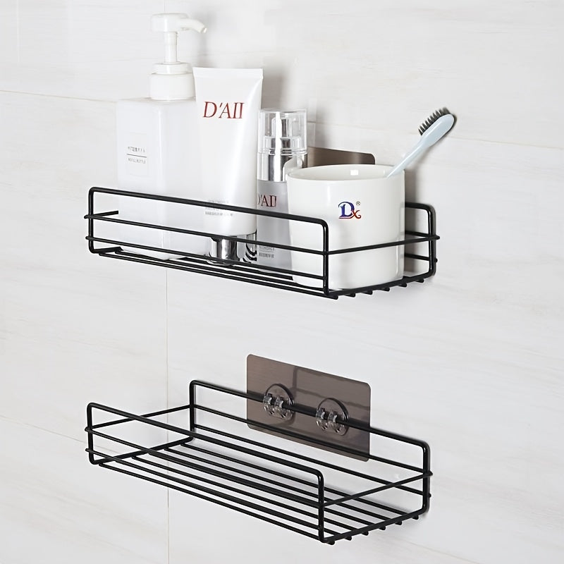 No-drill black metal corner shelf with hooks for robes and towels. Waterproof adhesive mount for bathroom organization.