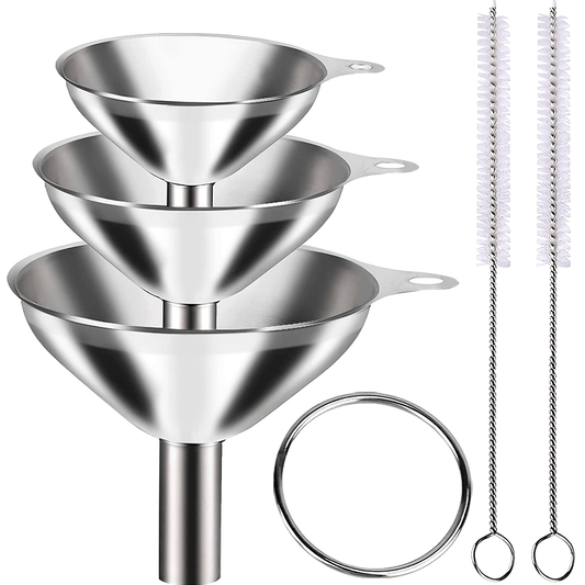 Five kitchen utensils included in the set are a large stainless steel kitchen oil funnel, a wine strainer, a wine hanger, a wine dispenser, and a spoon.