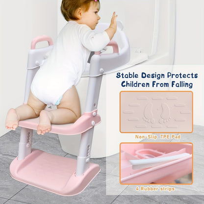 Children's Potty Training Seat with Step Ladder - Pink, Adjustable Height, Non-Slip, Safety Handles