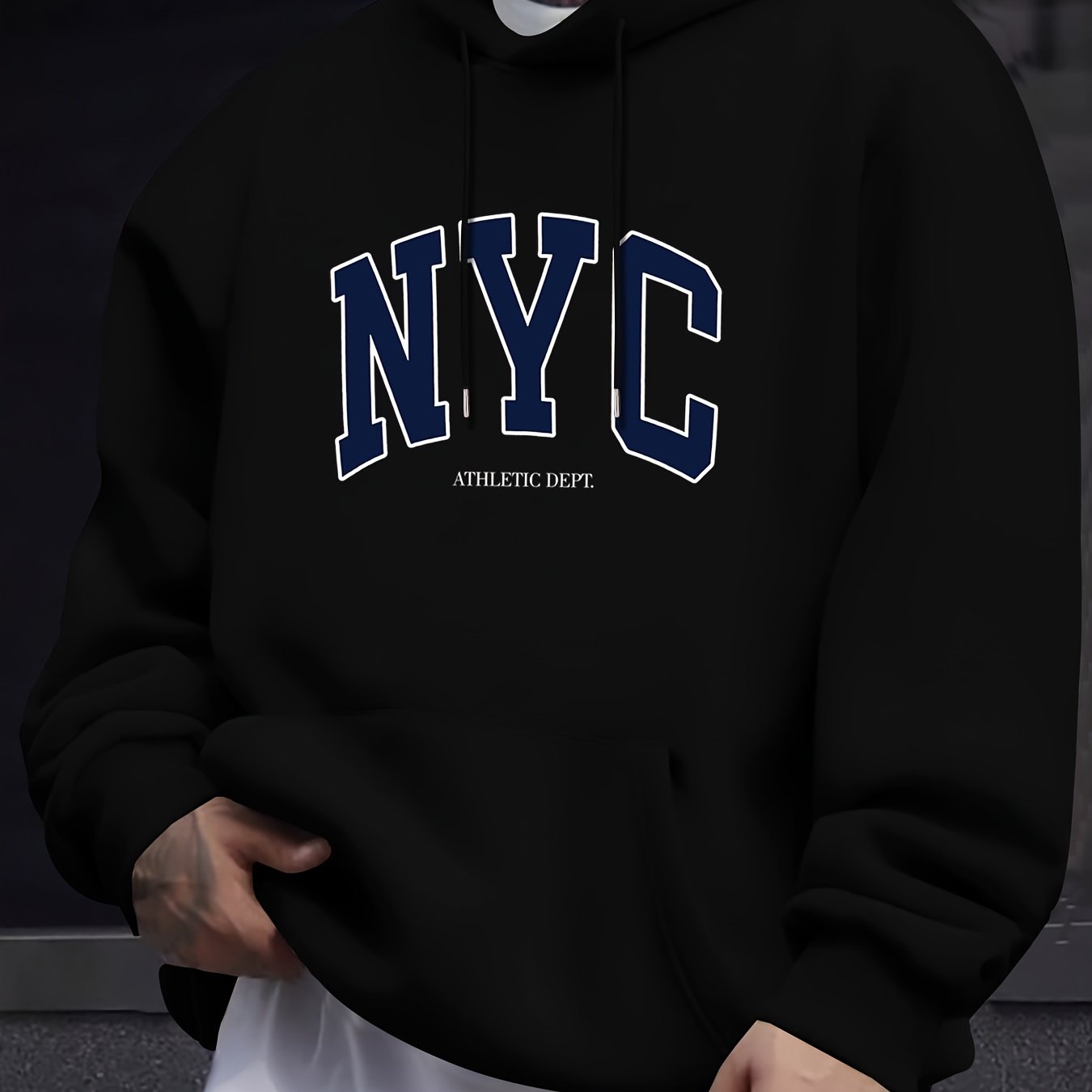 NYC print hooded pullover with kangaroo pocket, ideal for fall and winter, for plus size men.