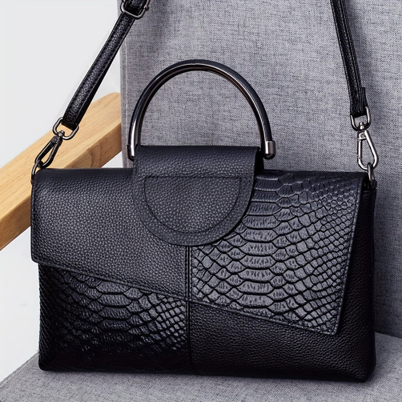 Luxurious black crocodile pattern handbag with zipper closure and polyester lining, ideal for everyday use. Features elegant top handle and sophisticated design.