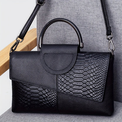 Luxurious black crocodile pattern handbag with zipper closure and polyester lining, ideal for everyday use. Features elegant top handle and sophisticated design.