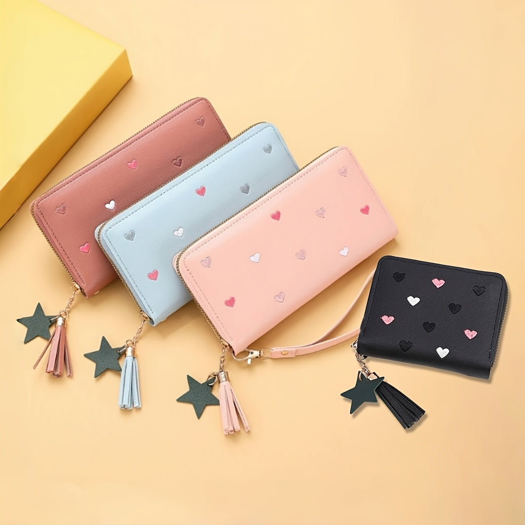 Heart and star embroidered tassel wallet with Korean style, zip-around coin purse. Ideal gift for special occasions. Embroidered clutch in faux leather material.