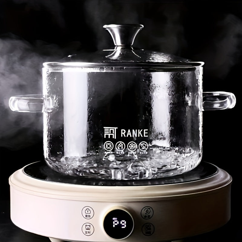 Transparent stovetop cooking pot made of borosilicate glass with seal finish, suitable for induction cooking. A kitchen gadget accessory that requires no power.