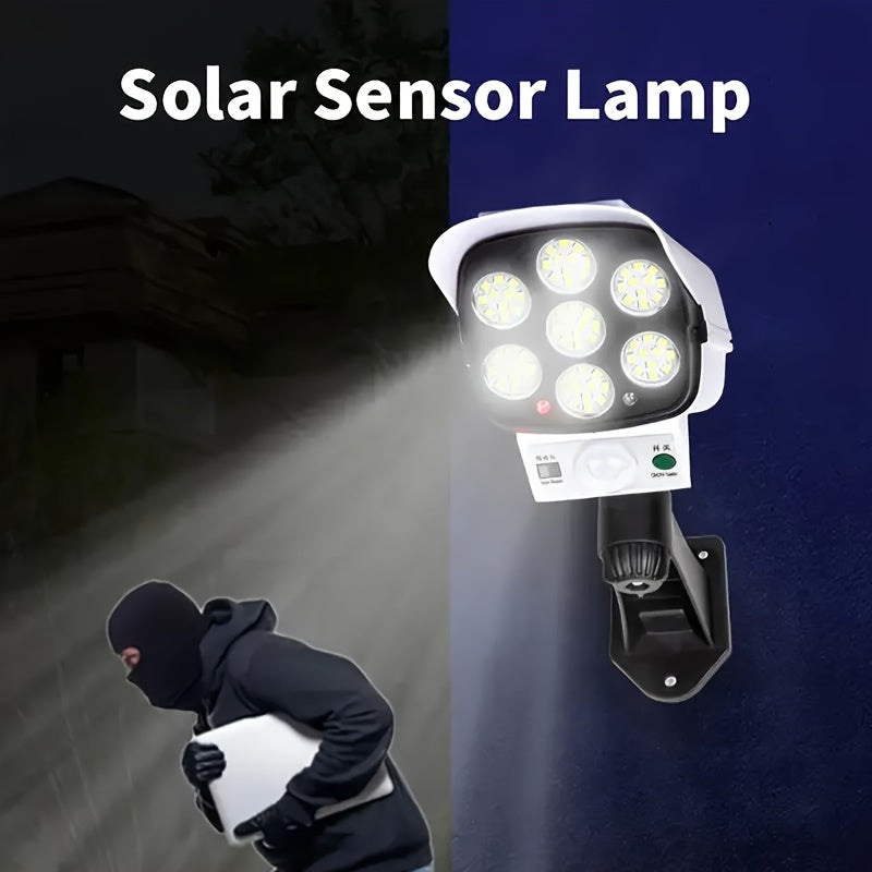 Solar-powered street light with motion sensor, dummy camera, and simulated surveillance; 77 LED lights; human body sensor; outdoor wall mount