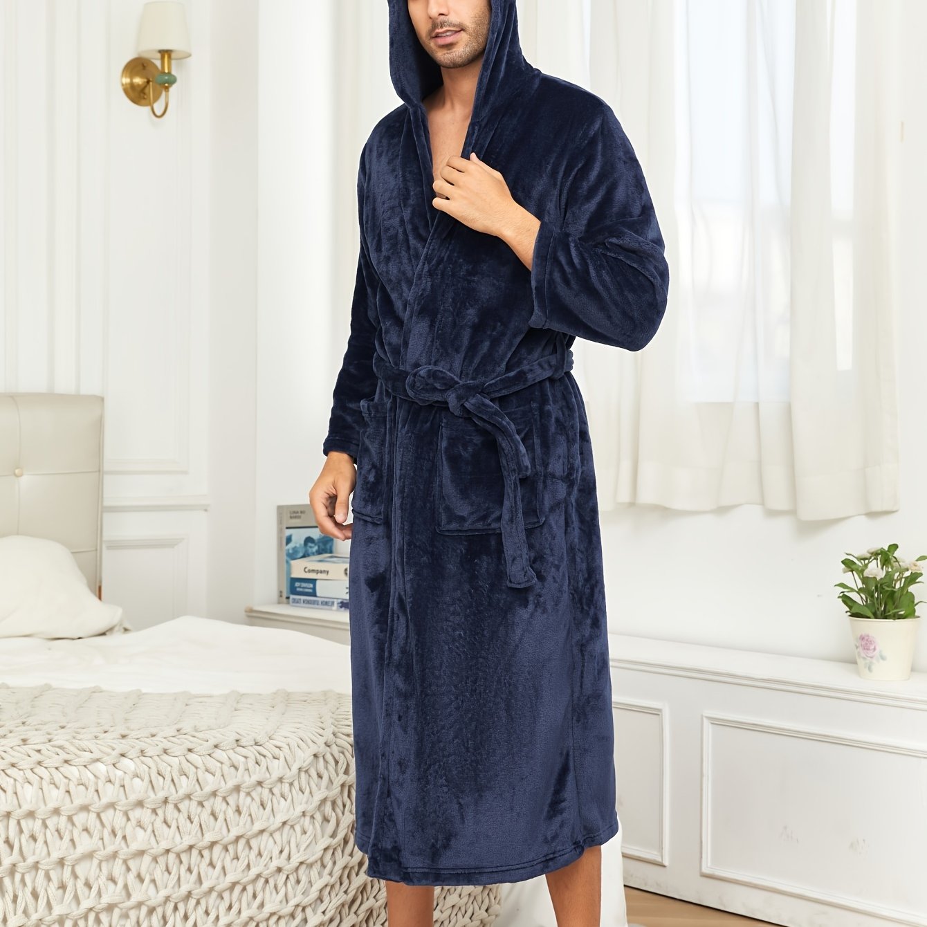 rongtai Men's Plush Fleece Hooded Bathrobe in Green with Side Pockets & Tie Belt, perfect for Autumn/Winter lounging.