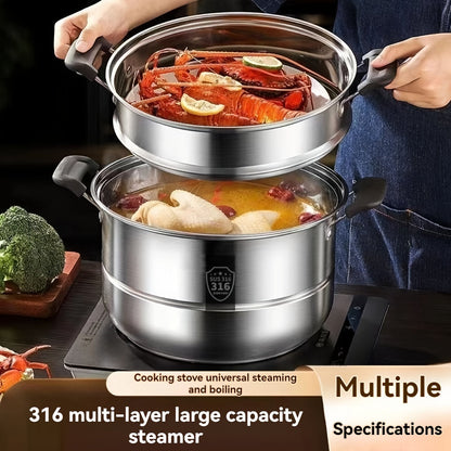 5-Piece Durable Kitchen Utensils Set: Thickened 316 Stainless Steel Multi-Layer Steamer Cookware, Ideal for Soup & Stew, Easy to Clean, Compatible with All Stovetops