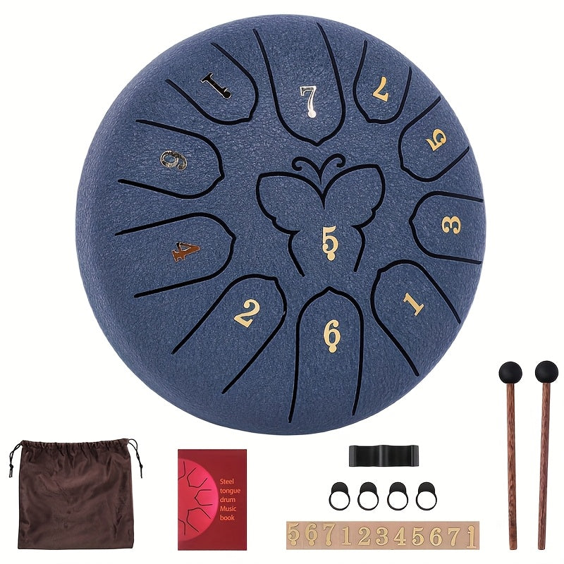 Steel Tongue Drum with 11 Notes, 15.24 cm for Sound Healing and Meditation, includes Carry Bag, Music Book, Sticks, and Accessories.