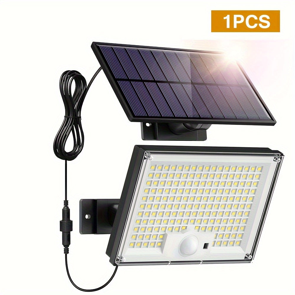 Solar floodlight with motion sensor, 3 lighting modes, and remote control for outdoor installation on walls.