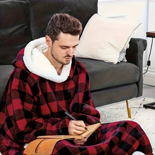 Cozy up in style with this vintage-inspired oversized plaid flannel couple's blanket hoodie. Made with polyester that is machine washable and stain resistant, this wearable blanket features a unique digital print of an octopus animal theme. Perfect for