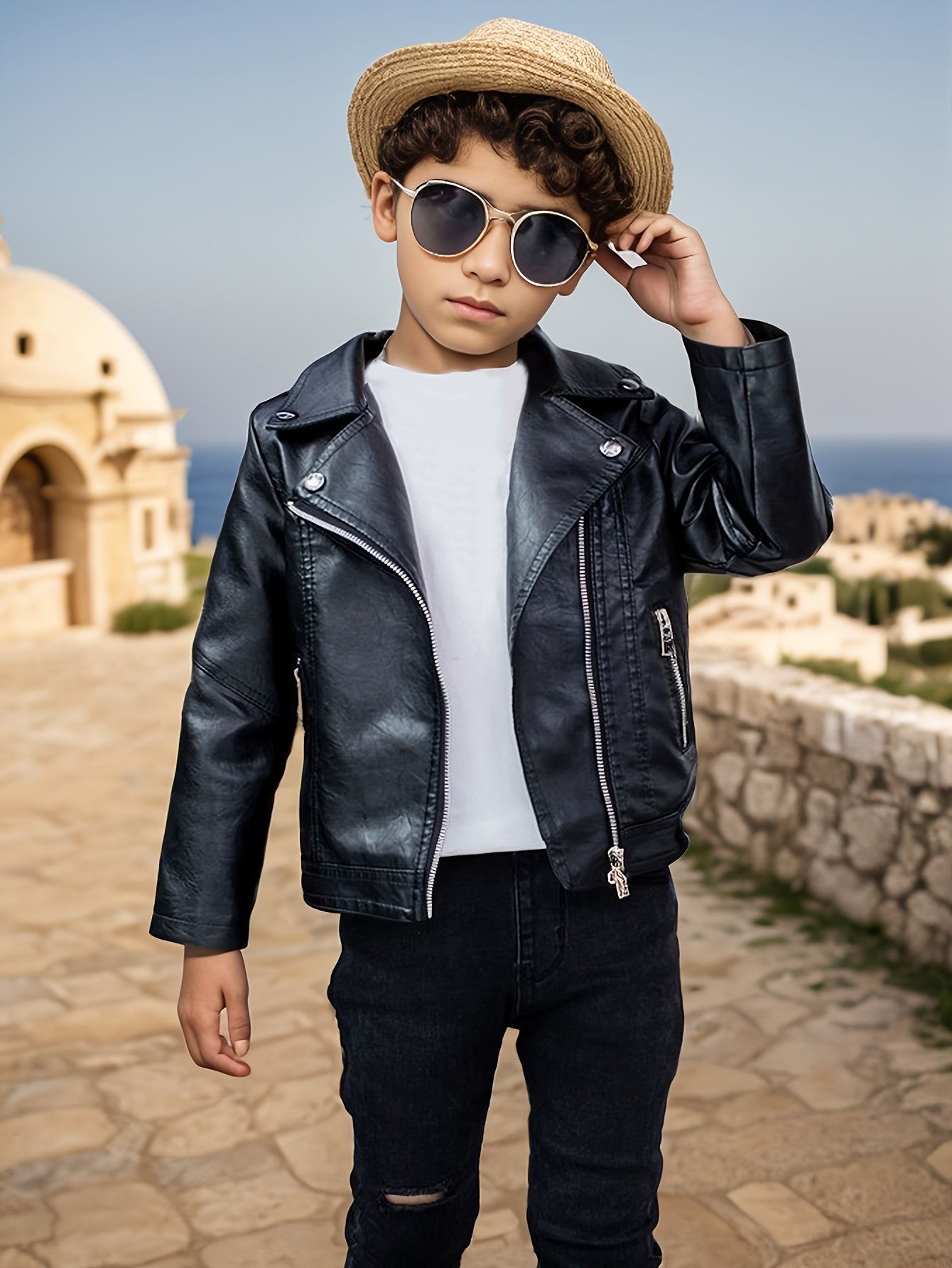 Kids' loose fit polyester jacket with lapel collar, solid color, long sleeves, and zipper detail. Suitable for all seasons.