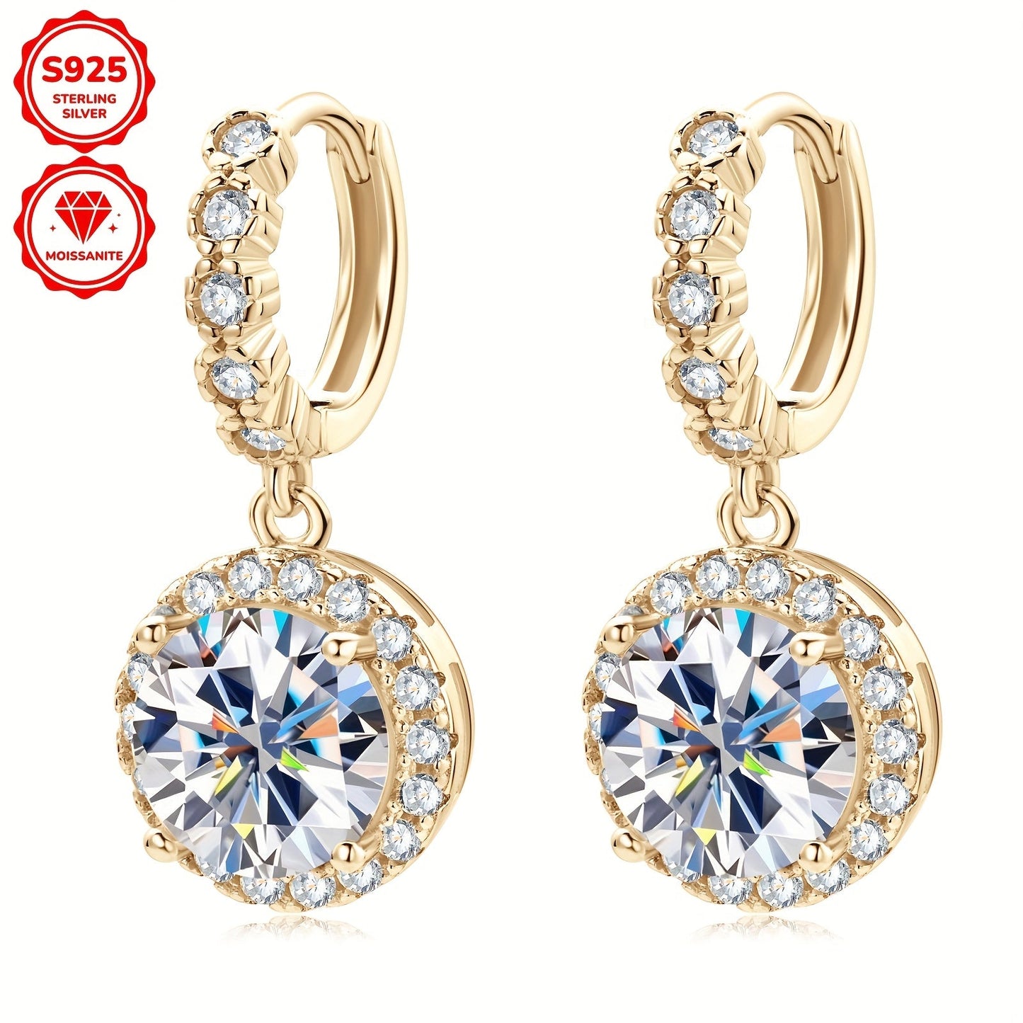 925 Sterling Silver Hoop Earrings with Synthetic Moissanite in 14K Gold Plating, featuring a Dangling Round Design perfect for Vacation Style. This elegant pair is ideal for Christmas and Holiday themes, as well as Party and Wedding events. Available in